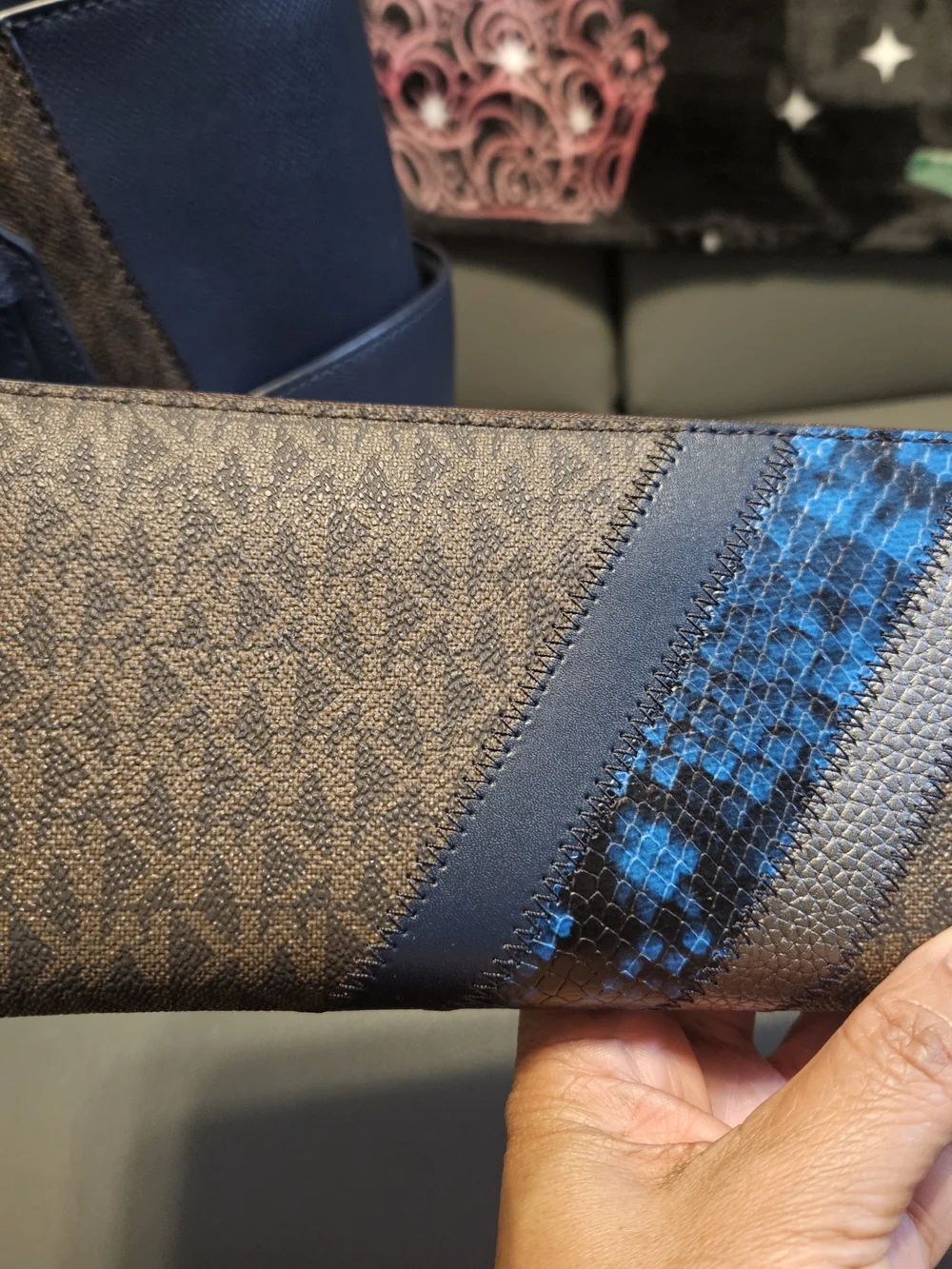 Michael Kors Blue and Brown Signature Tote with Snake-Print Accent And Wallet